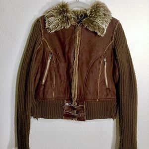 vintage bomber/flight faux fur/leather knit jacket
